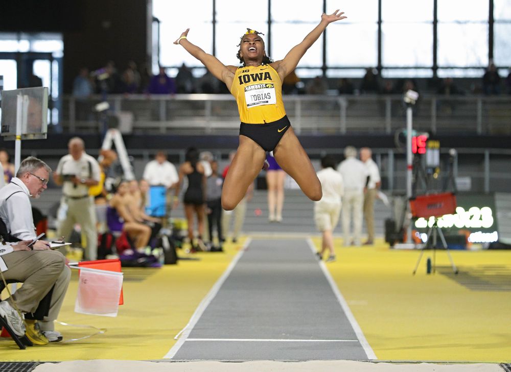 Iowa’s Tionna Tobias competes in the women’s long jump event during the Hawkeye Invitational at the Recreation Building in Iowa City on Saturday, January 11, 2020. (Stephen Mally/hawkeyesports.com)