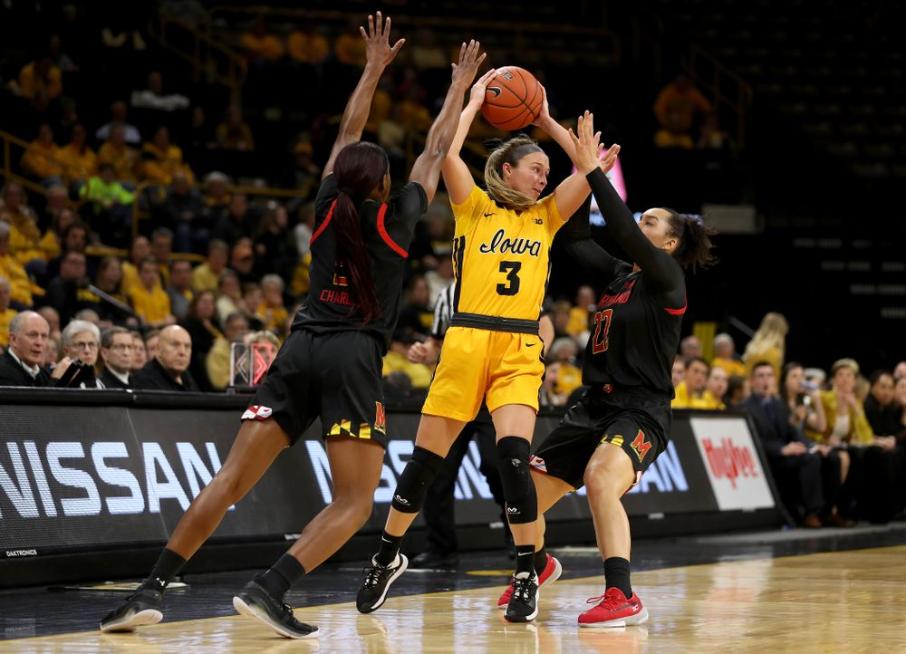Iowa Hawkeyes guard Makenzie Meyer (3) against the Maryland Terrapins Thursday, January 9, 2020 at Carver-Hawkeye Arena. (Brian Ray/hawkeyesports.com)