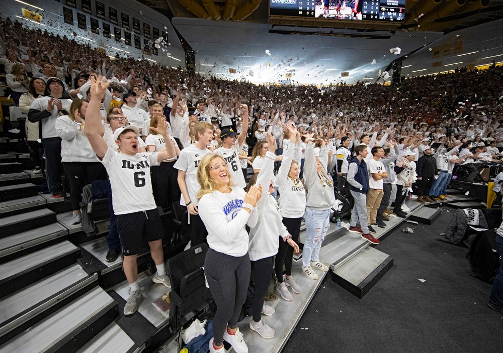 The Hawks Nest cheers during the first quarter of the game at Carver-Hawkeye Arena in Iowa City on Sunday, February 2, 2020. (Stephen Mally/hawkeyesports.com)