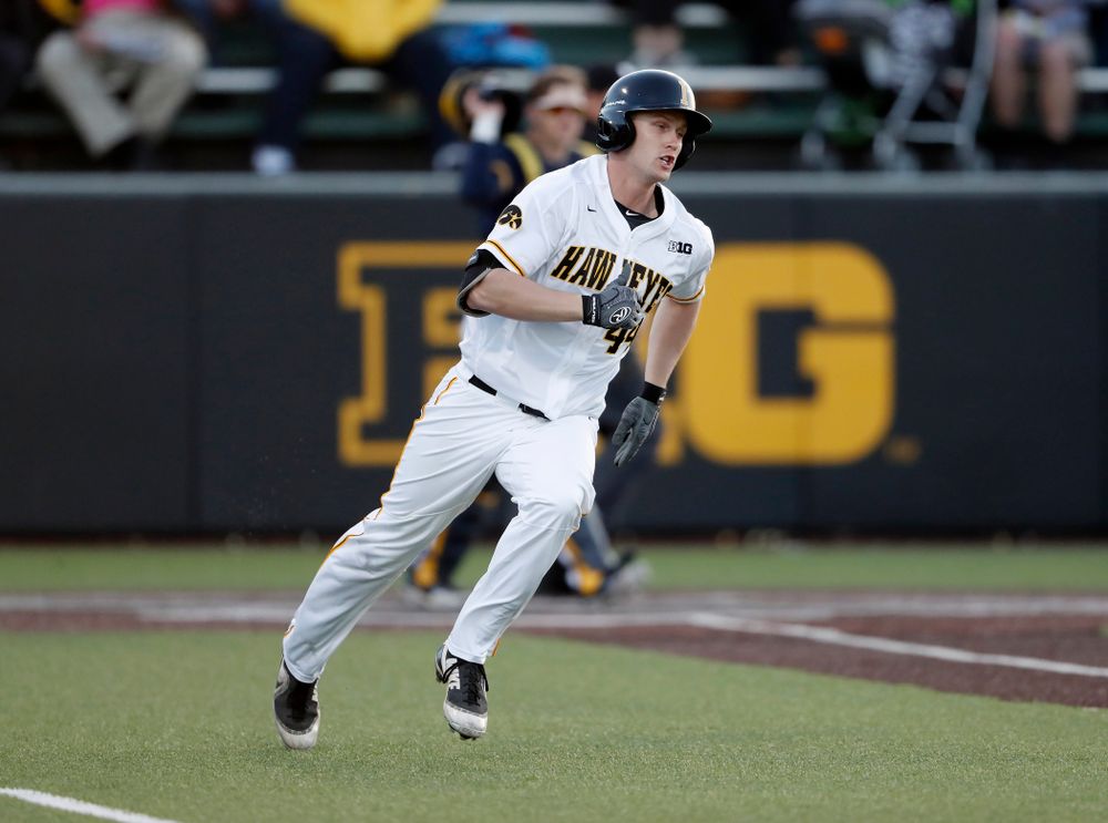 Iowa Hawkeyes outfielder Robert Neustrom (44) against the Michigan Wolverines Friday, April 27, 2018 at Duane Banks Field in Iowa City. (Brian Ray/hawkeyesports.com)