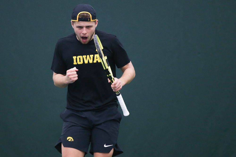 Iowa’s Will Davies celebrates a point during the Iowa men’s tennis meet vs VCU on Saturday, February 29, 2020 at the Hawkeye Tennis and Recreation Complex. (Lily Smith/hawkeyesports.com)