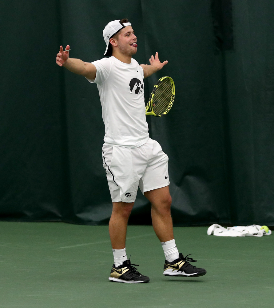 Iowa’s Will Davies against Cornell Sunday, March 8, 2020 at the Hawkeye Tennis and Recreation Center. (Brian Ray/hawkeyesports.com)