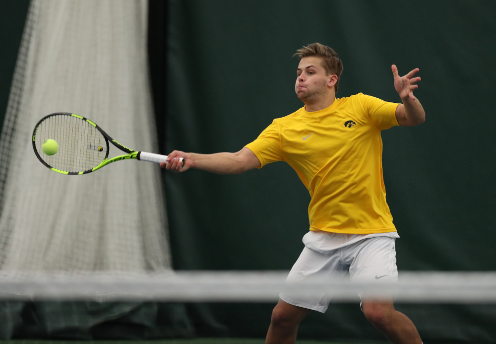 Will Davies against Utah Sunday, February 10, 2019 at the Hawkeye Tennis and Recreation Complex. (Brian Ray/hawkeyesports.com)