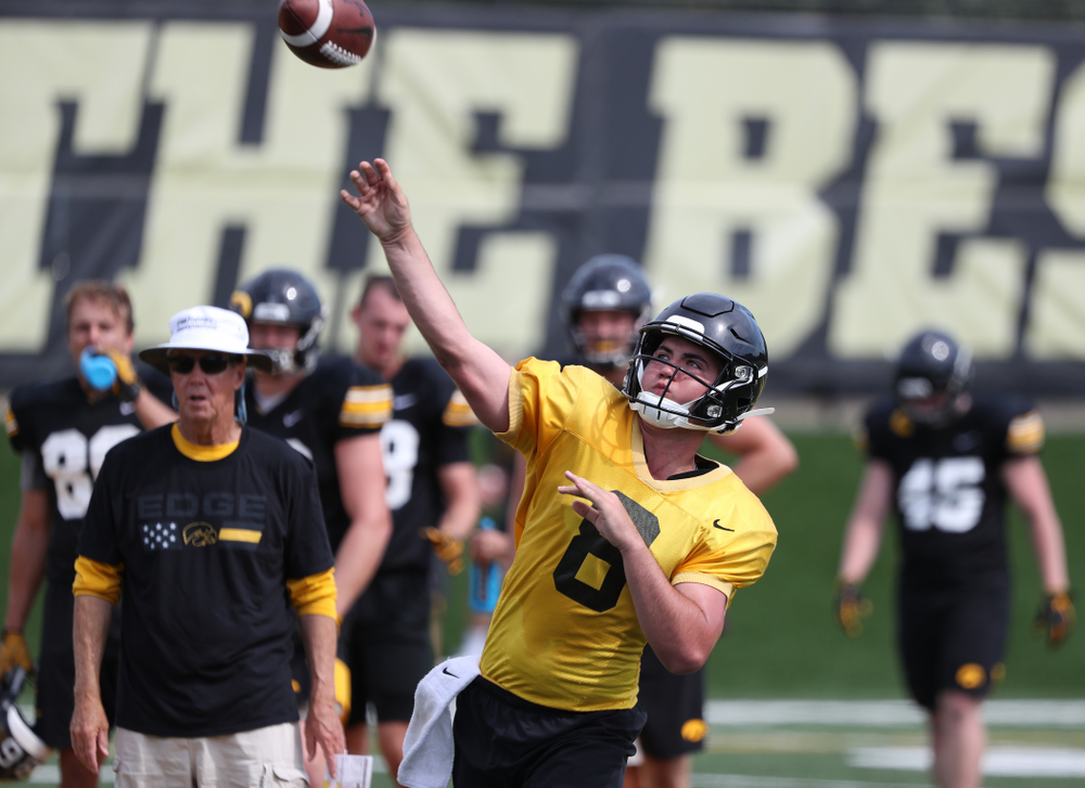 Iowa Hawkeyes quarterback Alex Padilla (8) during Fall Camp Practice No. 4 Monday, August 5, 2019 at the Ronald D. and Margaret L. Kenyon Football Practice Facility. (Brian Ray/hawkeyesports.com)