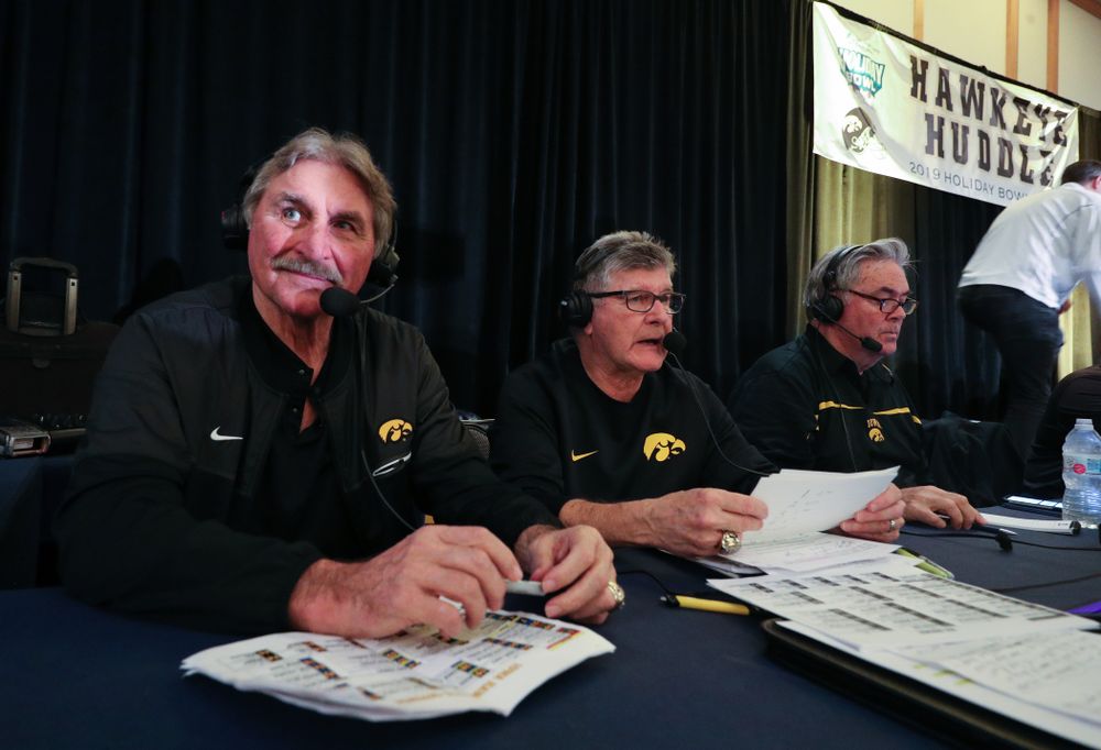 Gary Dolphin and Ed Podolak broadcast live during the Holiday Bowl Hawkeye Huddle Thursday, December 26, 2019 at the Hilton in downtown San Diego. (Brian Ray/hawkeyesports.com)