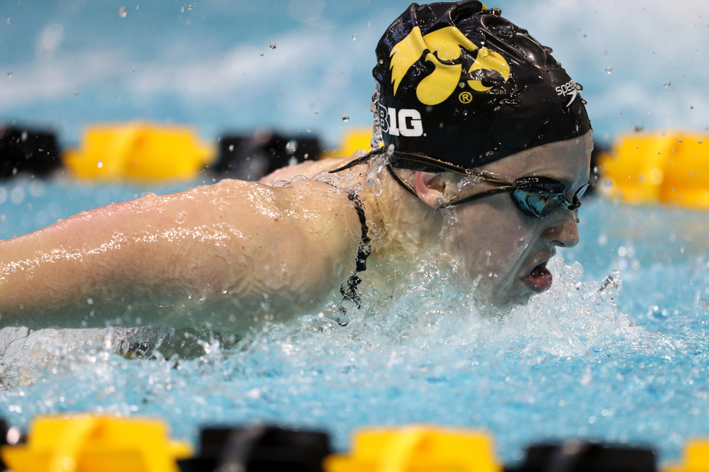 Iowa's Amy Lenderink swims the 200 yard butterfly during a double dual against Wisconsin and Northwestern Saturday, January 19, 2019 at the Campus Recreation and Wellness Center. (Brian Ray/hawkeyesports.com)