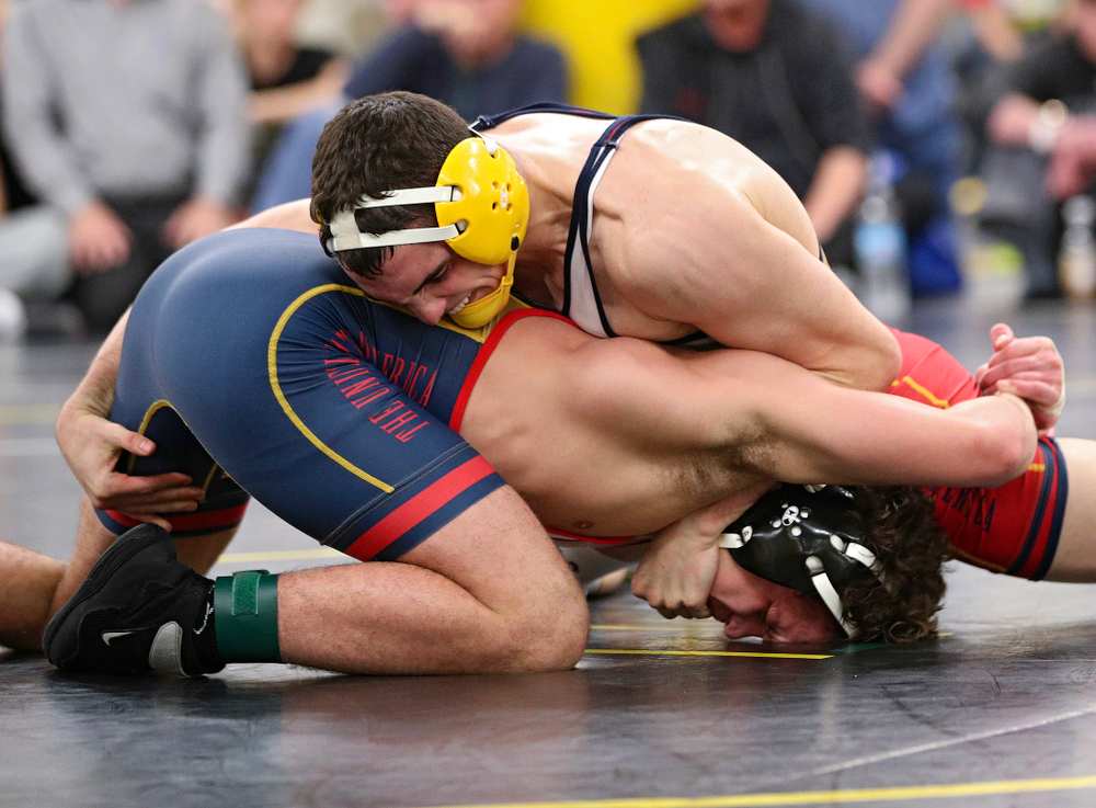 Iowa’s Paul Glynn (top) works on top of Gavin Teasdale during their preseason match at the Dan Gable Wrestling Complex at Carver-Hawkeye Arena in Iowa City on Thursday, Nov 7, 2019. (Stephen Mally/hawkeyesports.com)