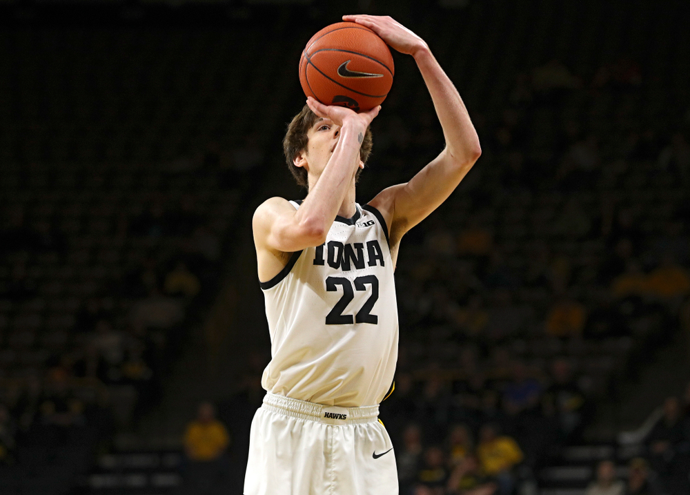 Iowa Hawkeyes forward Patrick McCaffery (22) shoots a free throw during the first half of their exhibition game against Lindsey Wilson College at Carver-Hawkeye Arena in Iowa City on Monday, Nov 4, 2019. (Stephen Mally/hawkeyesports.com)