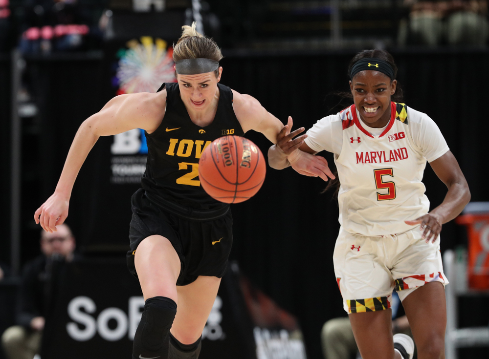 Iowa Hawkeyes forward Hannah Stewart (21) against the Maryland Terrapins Sunday, March 10, 2019 at Bankers Life Fieldhouse in Indianapolis, Ind. (Brian Ray/hawkeyesports.com)