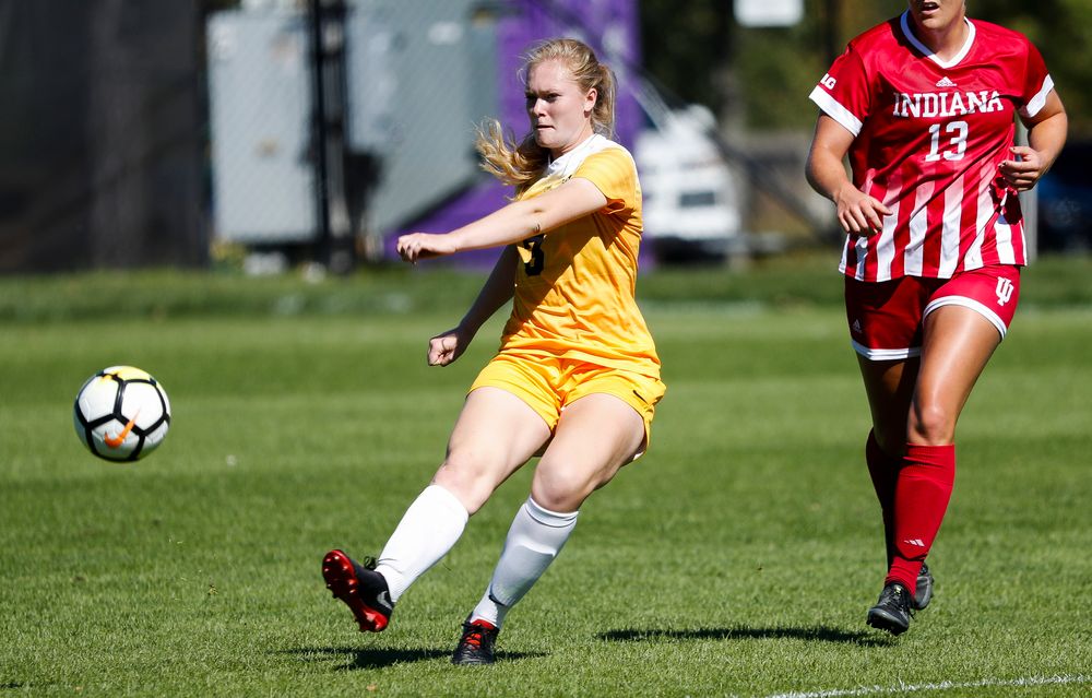 Iowa Hawkeyes defender Morgan Kemerling (3) passes the ball during a game against Indiana at the Iowa Soccer Complex on September 23, 2018. (Tork Mason/hawkeyesports.com)