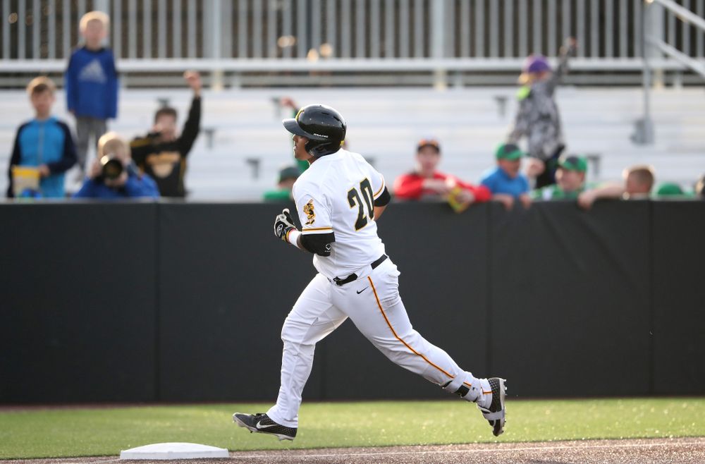 Iowa Hawkeyes Izaya Fullard (20) hits a home run during game one against UC Irvine Friday, May 3, 2019 at Duane Banks Field. (Brian Ray/hawkeyesports.com)