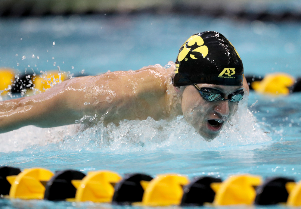 IowaÕs Michael Tenney competes in the 200 yard butterfly against Notre Dame and Illinois Saturday, January 11, 2020 at the Campus Recreation and Wellness Center. (Brian Ray/hawkeyesports.com)