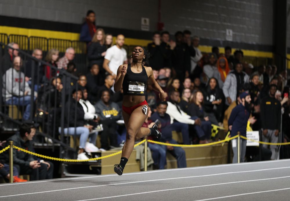 Former Hawkeye Brittany Brown runs the 300 meter premier during the 2019 Larry Wieczorek Invitational Friday, January 18, 2019 at the Hawkeye Tennis and Recreation Center. (Brian Ray/hawkeyesports.com)