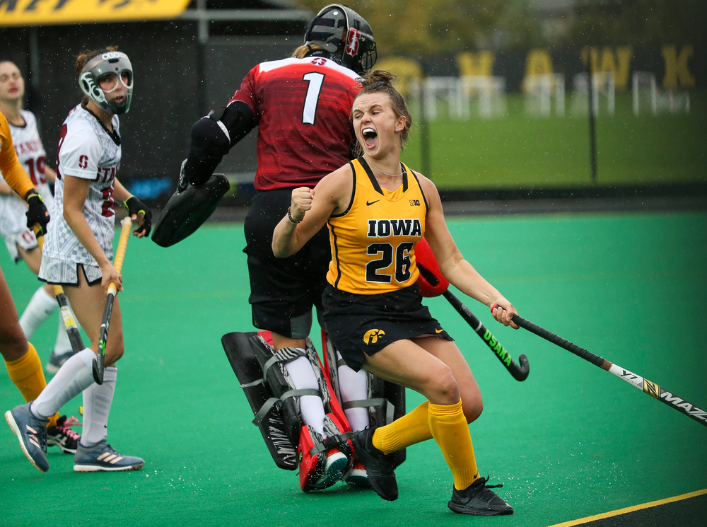 Iowa Hawkeyes forward Madeleine Murphy (26) reacts after scoring a goal during a game against Stanford at Grant Field on October 7, 2018. (Tork Mason/hawkeyesports.com)
