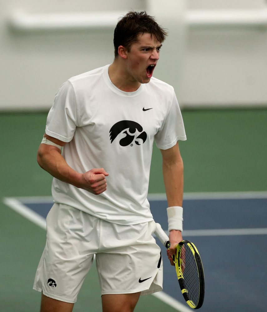 Iowa’s Joe Tyler against Cornell Sunday, March 8, 2020 at the Hawkeye Tennis and Recreation Center. (Brian Ray/hawkeyesports.com)