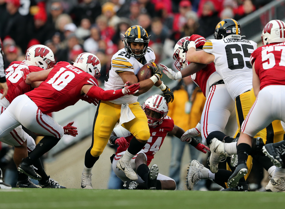 Iowa Hawkeyes running back Toren Young (28) against the Wisconsin Badgers Saturday, November 9, 2019 at Camp Randall Stadium in Madison, Wisc. (Brian Ray/hawkeyesports.com)