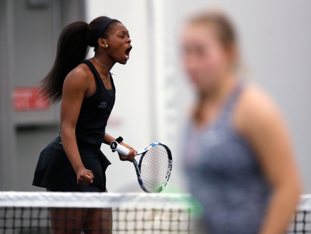 Adorable Huckleby and Zoe Douglas play a doubles match against Ohio State Sunday, March 25, 2018 at the Hawkeye Tennis and Recreation Center. (Brian Ray/hawkeyesports.com)