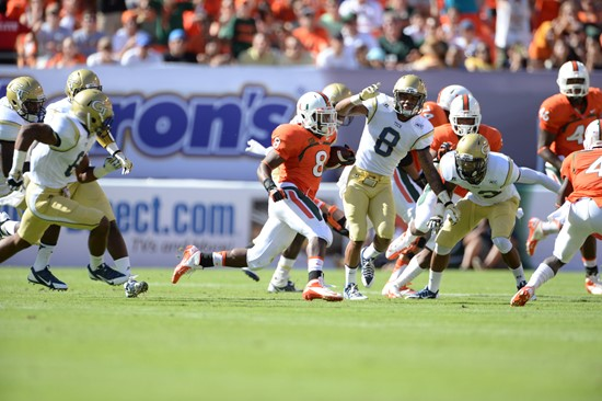 University of Miami Hurricanes running back Duke Johnson #8 plays in a game against the Georgia Tech Yellow Jackets at Sun Life Stadium on October 5,...