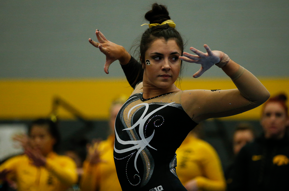 Nikki Youd competes in the floor exercise during the Black and Gold Intrasquad meet at the Field House on 12/2/17. (Tork Mason/hawkeyesports.com)