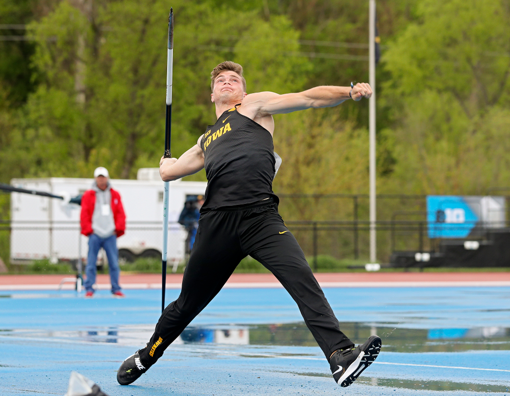 Iowa's Peyton Haack throws in the men’s javelin in the decathlon event on the second day of the Big Ten Outdoor Track and Field Championships at Francis X. Cretzmeyer Track in Iowa City on Saturday, May. 11, 2019. (Stephen Mally/hawkeyesports.com)