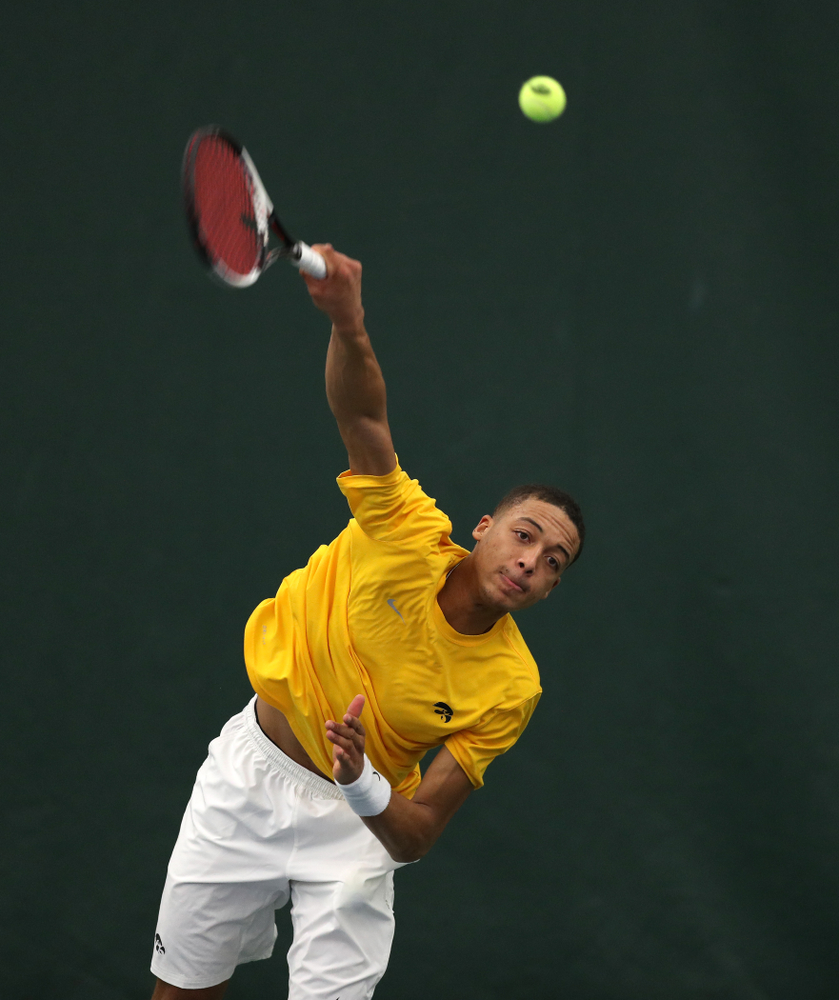 Oliver Okonkwo against Utah Sunday, February 10, 2019 at the Hawkeye Tennis and Recreation Complex. (Brian Ray/hawkeyesports.com)