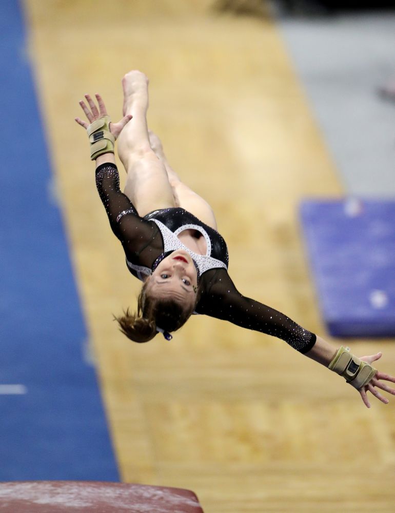 Iowa’s Lauren Guerin competes on the vault against Michigan State Saturday, February 1, 2020 at Carver-Hawkeye Arena. (Brian Ray/hawkeyesports.com)