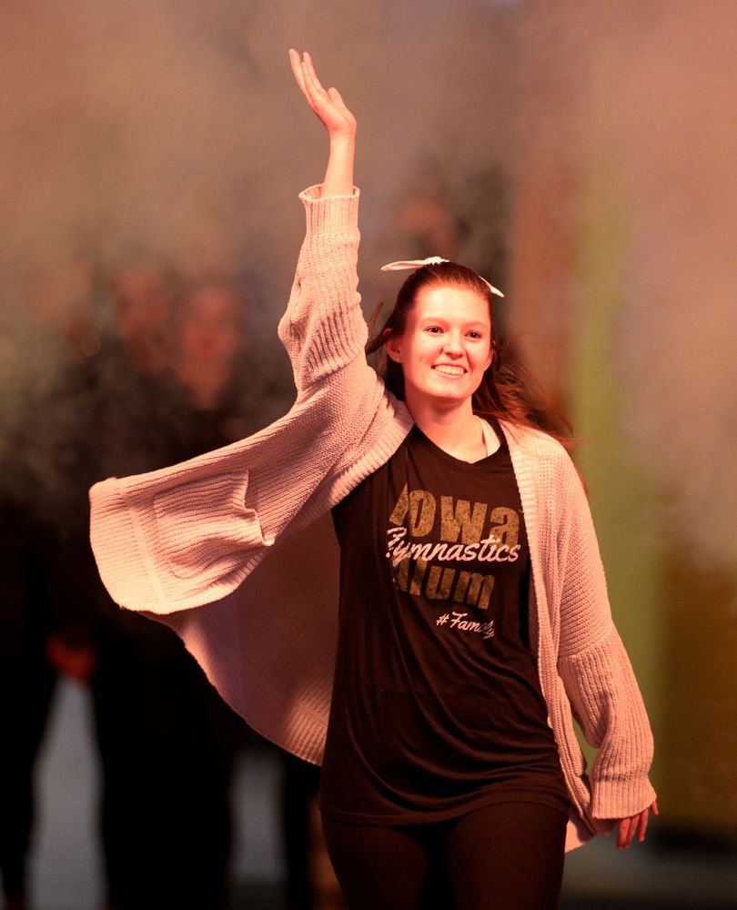 Gymhawk alumnus Kadi Knuth is introduced before the Iowa Hawkeyes meet against Michigan State Saturday, February 1, 2020 at Carver-Hawkeye Arena. (Brian Ray/hawkeyesports.com)