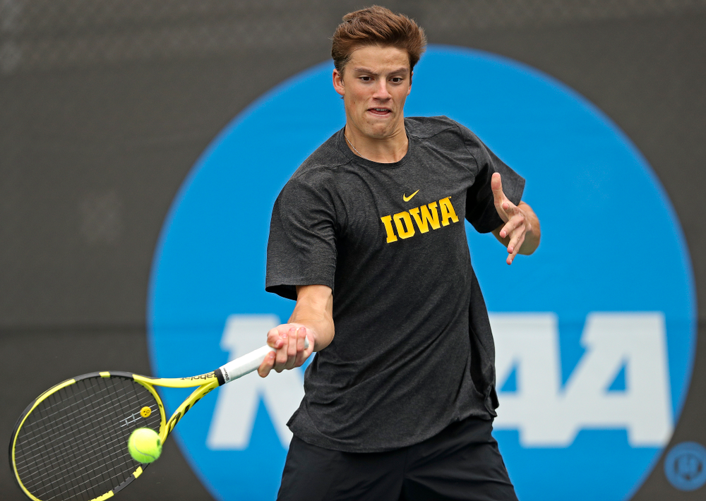 Iowa's Joe Tyler competes during a double match against Ohio State at the Hawkeye Tennis and Recreation Complex in Iowa City on Sunday, Apr. 7, 2019. (Stephen Mally/hawkeyesports.com)