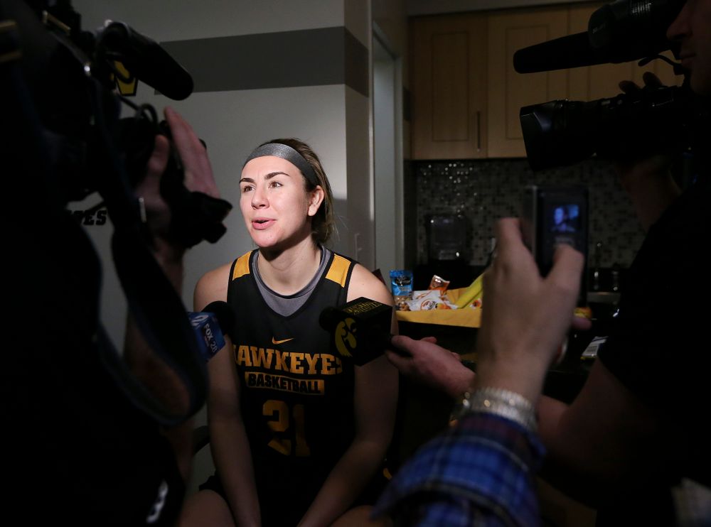 Iowa Hawkeyes forward Hannah Stewart (21) answers questions during media availability before their next game in the 2019 NCAA Women's Basketball Tournament at Carver Hawkeye Arena in Iowa City on Saturday, Mar. 23, 2019. (Stephen Mally for hawkeyesports.com)