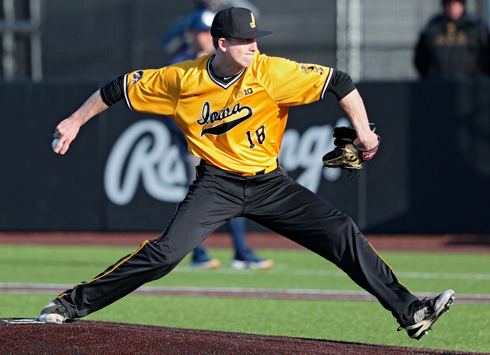 Iowa Hawkeyes pitcher Shane Ritter (18) delivers to the plate during the sixth inning of their game at Duane Banks Field in Iowa City on Tuesday, Apr. 2, 2019. (Stephen Mally/hawkeyesports.com)