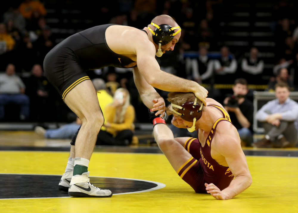 Iowa’s Alex Marinelli wrestles Minnesota’s Kasper McIntosh at 165 pounds Saturday, February 15, 2020 at Carver-Hawkeye Arena. Marinelli won the match by technical fall. (Brian Ray/hawkeyesports.com)