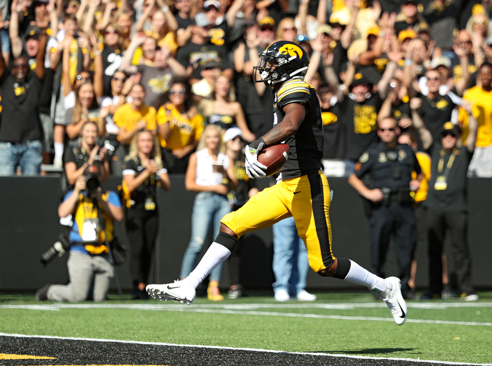 Iowa Hawkeyes wide receiver Ihmir Smith-Marsette (6) on a 58-yard touchdown reception during the first quarter of their Big Ten Conference football game at Kinnick Stadium in Iowa City on Saturday, Sep 7, 2019. (Stephen Mally/hawkeyesports.com)