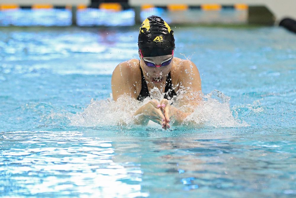 Iowa’s Zoe Mekus swims in the women’s 100 yard breaststroke time trial event during the 2020 Women’s Big Ten Swimming and Diving Championships at the Campus Recreation and Wellness Center in Iowa City on Saturday, February 22, 2020. (Stephen Mally/hawkeyesports.com)