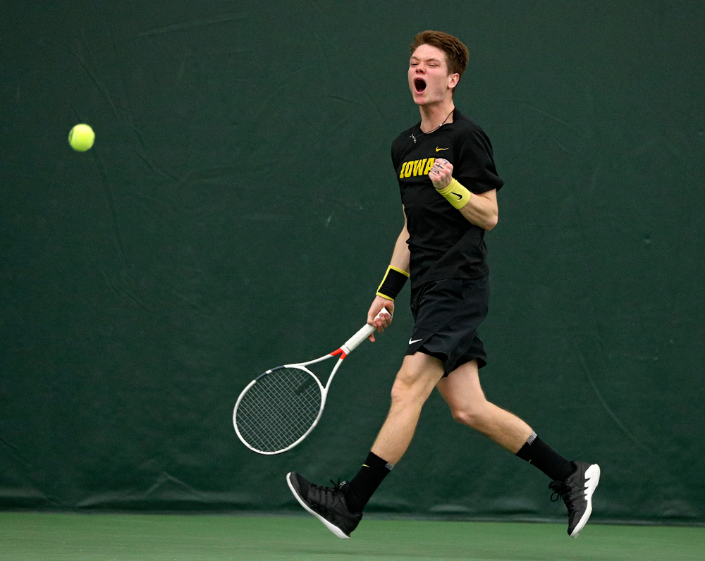 Iowa’s Jason Kerst celebrates a point during his singles match at the Hawkeye Tennis and Recreation Complex in Iowa City on Friday, March 6, 2020. (Stephen Mally/hawkeyesports.com)