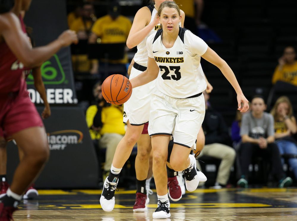 Iowa Hawkeyes forward Logan Cook (23) brings the ball up the floor during a game against North Carolina Central at Carver-Hawkeye Arena on November 17, 2018. (Tork Mason/hawkeyesports.com)