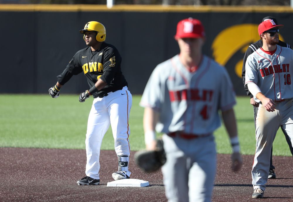 Iowa Hawkeyes Izaya Fullard (20) against the Bradley Braves Tuesday, March 26, 2019 at Duane Banks Field. (Brian Ray/hawkeyesports.com)