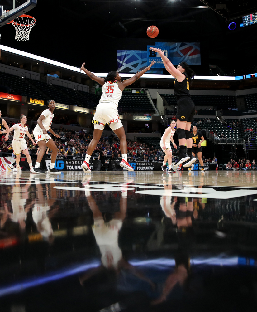 Iowa Hawkeyes forward Megan Gustafson (10) against the Maryland Terrapins in the Big Ten Championship Game Sunday, March 10, 2019 in Indianapolis, Ind. (Brian Ray/hawkeyesports.com)