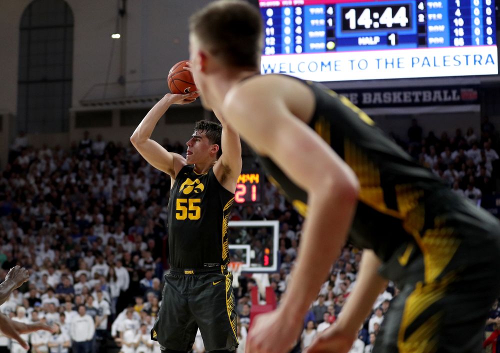 Iowa Hawkeyes forward Luka Garza (55) against Penn State Saturday, January 4, 2020 at the Palestra in Philadelphia. (Brian Ray/hawkeyesports.com)