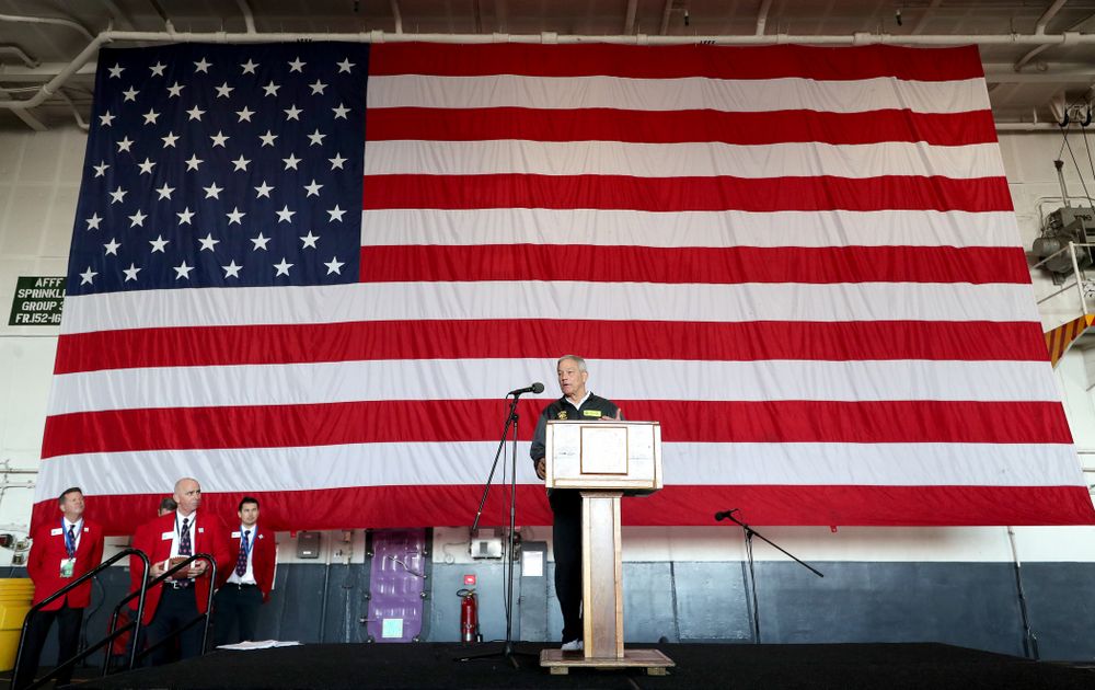 Iowa Hawkeyes head coach Kirk Ferentz speaks during a tour of the USS Theodore Roosevelt (CVN-71) Tuesday, December 24, 2019 at the Naval Base Coronado. (Brian Ray/hawkeyesports.com)