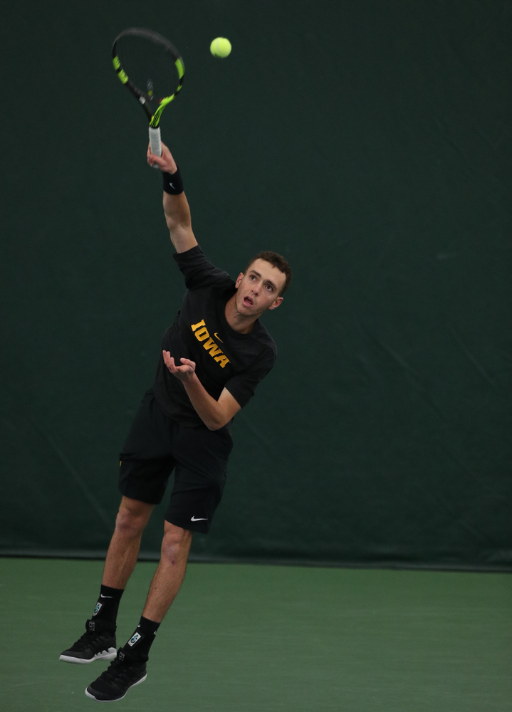 Iowa's Kareem Allaf against UMKC Friday, February 15, 2019 at the Hawkeye Tennis and Recreation Complex. (Brian Ray/hawkeyesports.com)