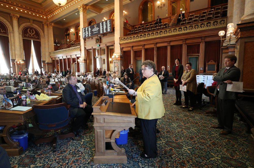 Iowa WomenÕs BasketballÕs Megan Gustafson is recognized with a resolution by the house and the senate at the Iowa State Capitol Wednesday, April 24, 2019 in Des Moines. (Brian Ray/hawkeyesports.com)