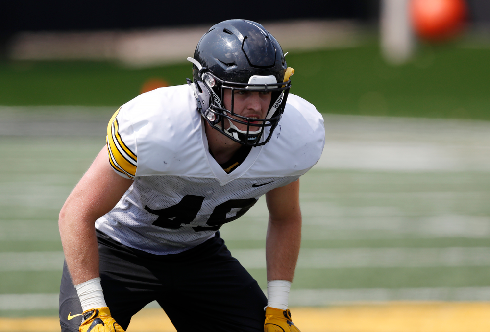 Iowa Hawkeyes linebacker Nick Niemann (49) during fall camp practice No. 9 Friday, August 10, 2018 at the Kenyon Practice Facility. (Brian Ray/hawkeyesports.com)