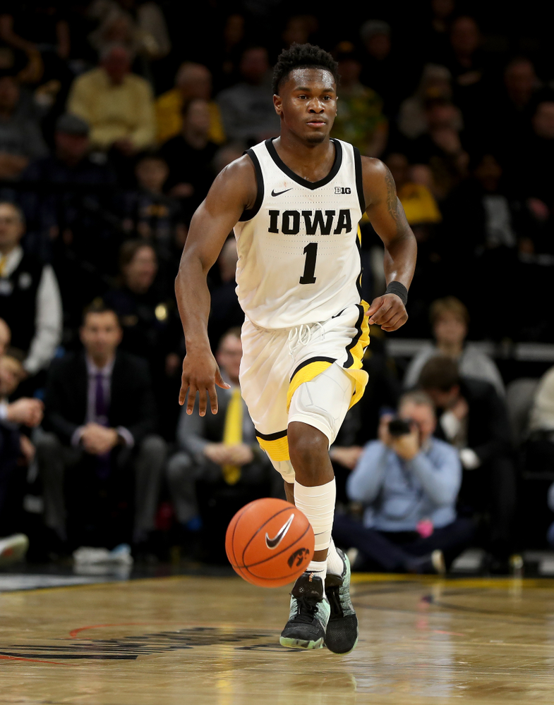 Iowa Hawkeyes guard Joe Toussaint (1) against the Ohio State Buckeyes Thursday, February 20, 2020 at Carver-Hawkeye Arena. (Brian Ray/hawkeyesports.com)