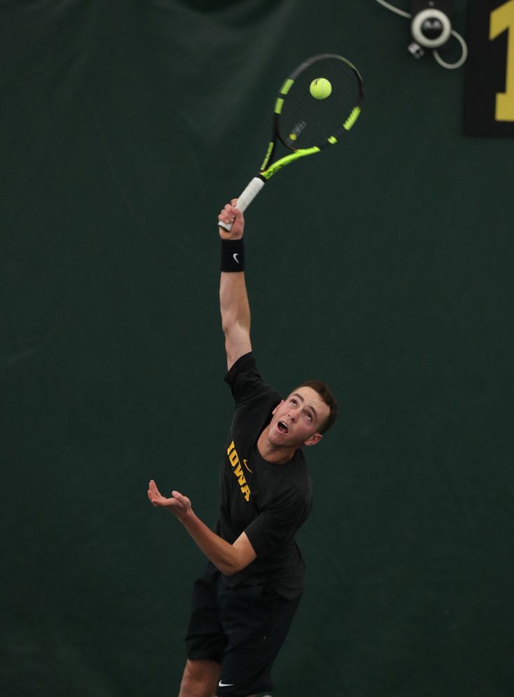 Iowa's Kareem Allaf against UMKC Friday, February 15, 2019 at the Hawkeye Tennis and Recreation Complex. (Brian Ray/hawkeyesports.com)