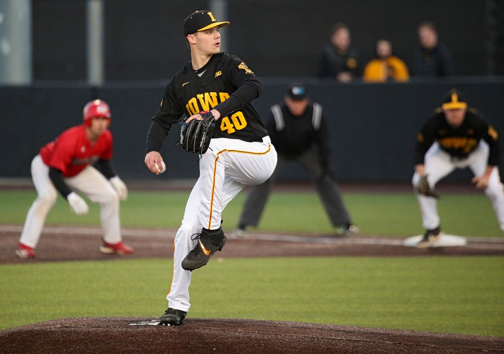 Iowa pitcher Jack Guzek (40) delivers to the plate during the fifth inning of their game at Duane Banks Field in Iowa City on Tuesday, March 3, 2020. (Stephen Mally/hawkeyesports.com)