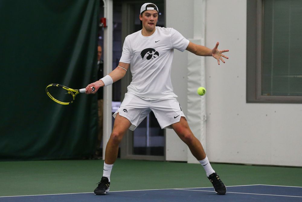 Iowa’s Joe Tyler hits a forehand during the Iowa men’s tennis match vs Western Michigan on Saturday, January 18, 2020 at the Hawkeye Tennis and Recreation Complex. (Lily Smith/hawkeyesports.com)