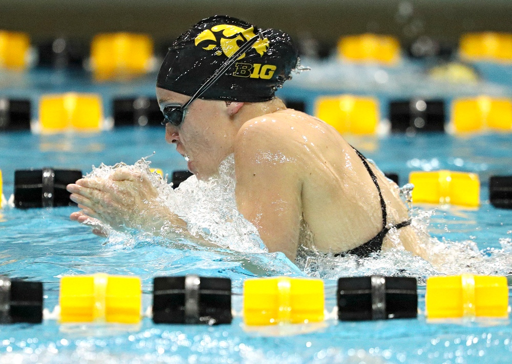 Iowa’s Grace Reeder swims the breaststroke section of the 100-yard individual medley event during their meet against Michigan State at the Campus Recreation and Wellness Center in Iowa City on Thursday, Oct 3, 2019. (Stephen Mally/hawkeyesports.com)