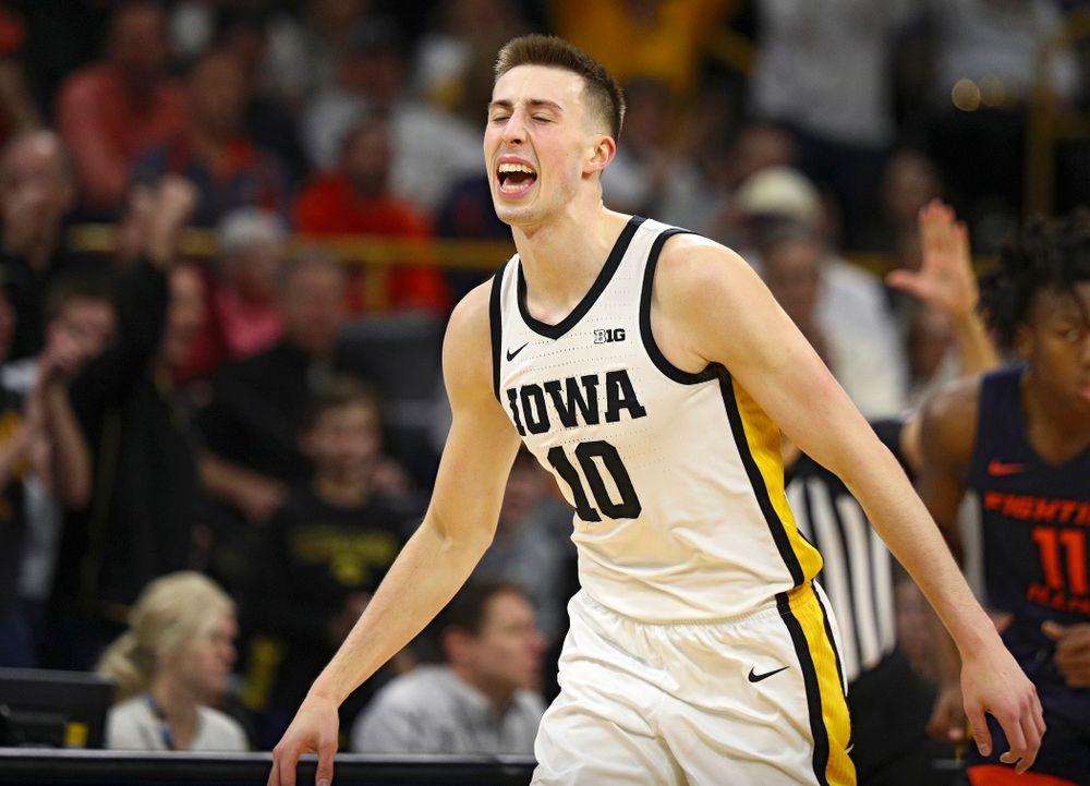 Iowa Hawkeyes guard Joe Wieskamp (10) celebrates after making a 3-pointer during the second half of the game at Carver-Hawkeye Arena in Iowa City on Sunday, February 2, 2020. (Stephen Mally/hawkeyesports.com)