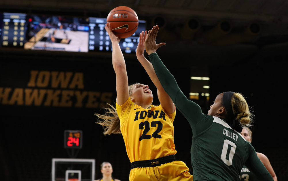 Iowa Hawkeyes guard Kathleen Doyle (22) against the Michigan State Spartans Thursday, February 7, 2019 at Carver-Hawkeye Arena. (Brian Ray/hawkeyesports.com)