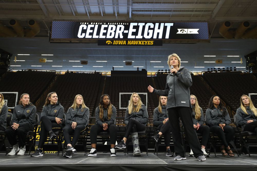 Iowa Hawkeyes head coach Lisa Bluder addressed the crowd during the teamÕs Celebr-Eight event Wednesday, April 24, 2019 at Carver-Hawkeye Arena. (Brian Ray/hawkeyesports.com)